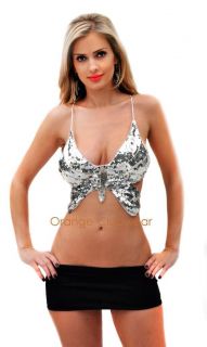 Rave Gogo Silver Sequin Butterfly Top Open Cris Cross Back Glam Outfit