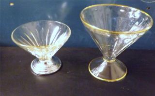 Vintage Lot of 2 Cone Shaped Sherbet Glasses Gold Rim Metal Base