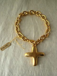 SIGNED Robert Lee Morris 24k Gold Plate Smooth Cross Charm Bracelet