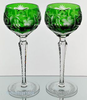 Traube Emerald Green Cut to Clear Crystal Tall Wine Goblets Glass Pair