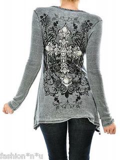 CRYSTAL VINTAGE CROSS ROSE WINGS TATTOO THERMAL SHIRT TUNIC & ED HARDY