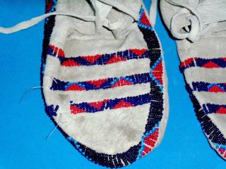 Pair of Apache Moccasins, Blue & Red Beads, Brain Tanned Hide, Above