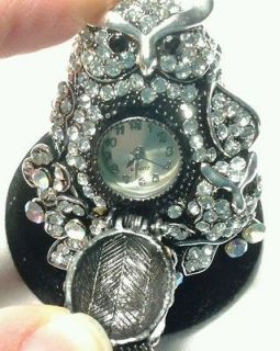 Vintage Owl Stretch Ring Watch Silver Tone Crystal Eyes Kirks Folly