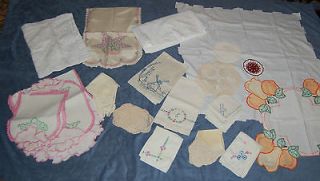 OF LINENS 27 QTY EMBROIDERY DOILIES TEA TOWELS NAPKINS TABLE CLOTHS
