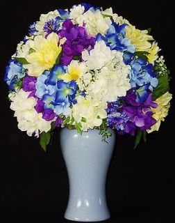 & White Hydrangea & Yellow Dahlias in Blue Vase Silk Flower Arrgmt