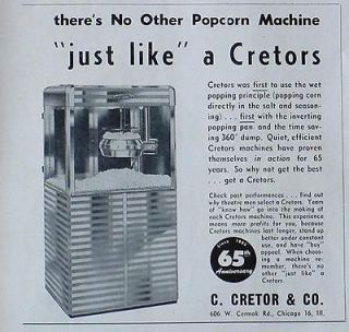 RARE 1950 POP CORN ADS CRETORS POPCORN MACHINE ADVERTISEMENT