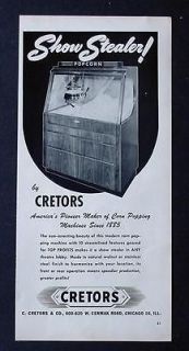 MEGA RARE 1946 CRETORS POPCORN MACHINE AD 6 x 12 ADVERTISEMENT EX