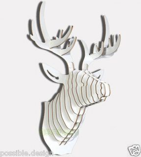 White Wooden Deer Head Wall Mounted Sculptures Stags Antlers Hanging