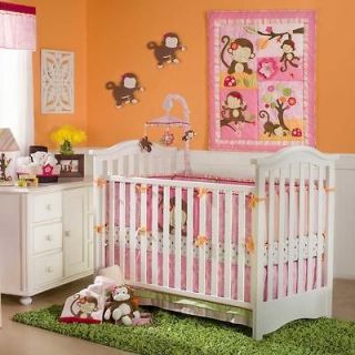 Monkey Baby Girl Jungle Tree Bright Nursery Decor 5pc Crib Bedding Set