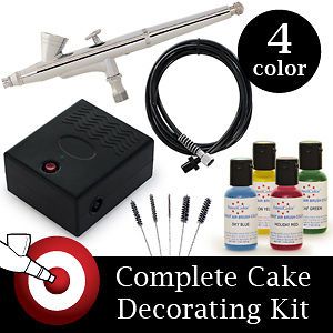 Dual Action Amerimist Airbrush Food Cake Decorating Kit 4 Color Set