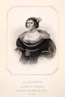 1857 Steel Engraving Elizabeth Queen Bohemia Royalty Portrait Historic