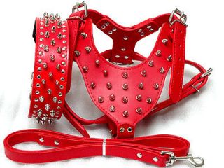 Red Leather Dog HARNESS COLLAR LEASH SET Spikes Studded PitBull