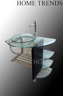 32 inch modern Bathroom Glass bowl vessel Sink & wood Vanity shelfs
