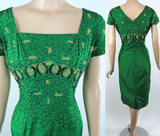 FRANK STARR Emerald Green Hand Beaded vintage 50s wiggle Dress size 36