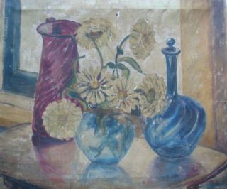 Texas Juanita Montgomery 1935 Still Life Flowers Pitcher Vases Oil