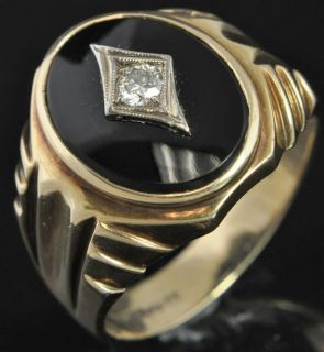 Bros Antique Two Tone 10K Gold Art Deco Onyx Diamond Mens Ring Sz 11.5