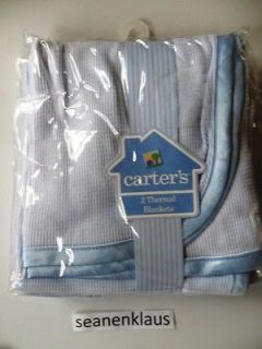 NIP Carters 2 pack pcs Blue Thermal Weave Blankets Blue Satin Trim 30