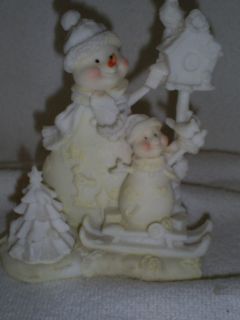 Tall Wintertime Bisque Figurine of Daddy Snowman and Child