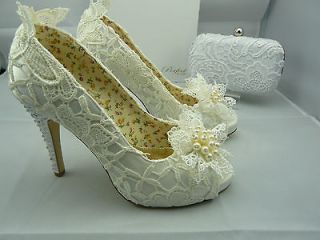Shoes and Matching Bag Ivory Flo Vintage Satin Lace Diamante Heel
