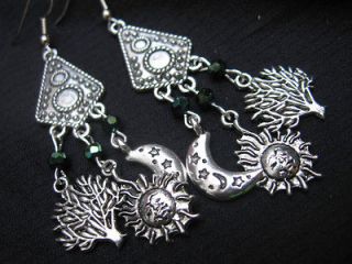 Earrings Silver Hanger with Sun, Moon and Tree of Life, Green Beads