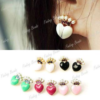 Korean Style Heart Love Earrings Ear Stud Crown Rhinestone FJ0151