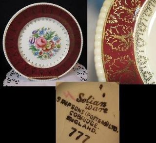 SIMPSONS c1948 England 777 Maroon SOLIAN WARE LUNCHEON PLATE (s)