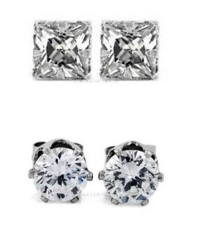 PAIR CZ CLEAR SQUARE/ROUND MAGNETIC EARRINGS STUDS