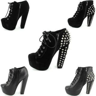 LADIES WOMENS BLOCK HIGH HEEL SHOES BOOTS BOOTIES LACE ANKLE SPIKED