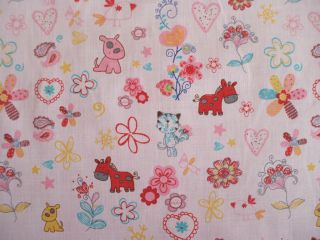 CATS AND DOGS AND DONKEY PRINT POLY COTTON PINK AND RED