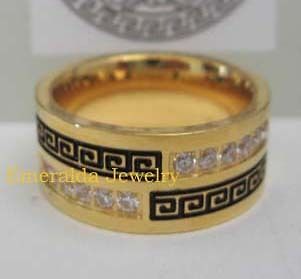 18K Gold/P Versace Greek Key Logo Unisex Stainless Steel Ring W Cubics