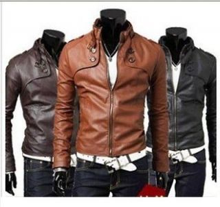 Casual Mens Vintage Stand Collar PU Leather Jacket Zip Up Coat 3