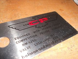 1960s HOLMAN MOODY CAMSHAFT SPECS ENGINE COMPARTMENT METAL TAG