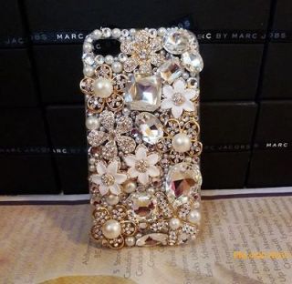 3D Bling Gold Flower Pearl Crystal Rhinestone Case Skin Cover For