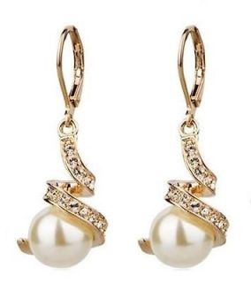 18K Rose Gold GP Swarovski Crystal White Pearl earrings C38