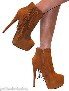 LADIES SIZE 6 TAN SUEDE FRINGED ANKLE BOOT CONCEALED PLATFORM STILETTO