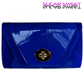 Blue Mock Patent Suede Clutch Bag Gold Clasp Evening Prom Handbag