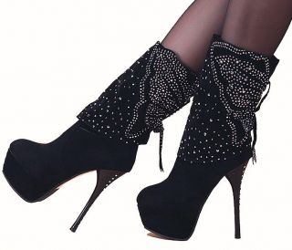 Black Glitter Crystal Bows Platform High Heels Mid Calf Knee Cuff