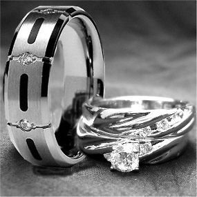 3PCS HIS AND HERS TITANIUM 925 STERLING SILVER WEDDING BRIDAL MATCHING