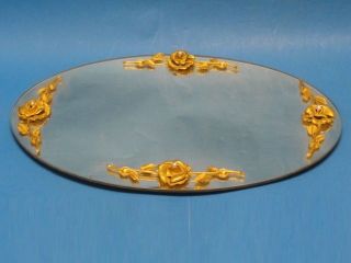 Vintage Oval Vanity Dresser Mirror Perfume Tray Roses w/ Pearl 17.5