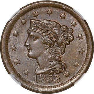 1853 1C NGC MS64BN CAC Liberty Cent Braided Hair