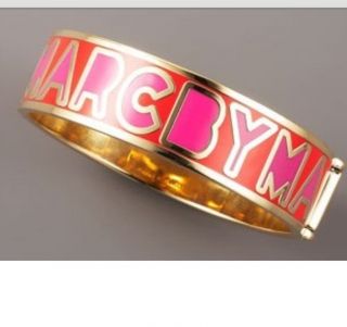 Marc Jacobs Enamel Accented Logo Bangle Bracelet Gold Hot Pink Hermes