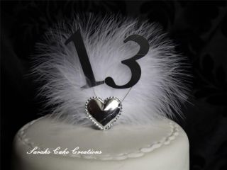 Simple Number Silver Heart Cake Topper with feathers   any age/numbers