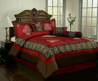 15 PC Brown Burgundy Satin Comforter Curtain Set King Size Bed in a