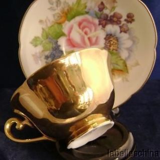Occupied Japan Teacup Saucer Solid Gold Gilt Outside HPT Floral Inside