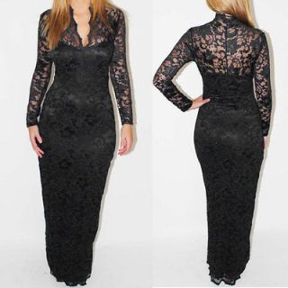 Black Lace Long Sleeve Maxi Dress Scallop Neck Full Length Evening