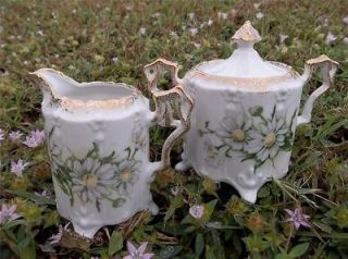 Crown Daisy Bouquet Cream & Sugar Bowl Hand Painted Gold Trim * Xlnt