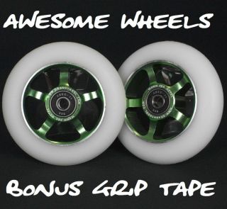 Green White Spoked Metal Core Scooter Wheels x2 inc Abec11 + Grip Tape