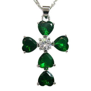 Green Emerald Fancy Cross White Gold Plated Girlish Pendant Necklace