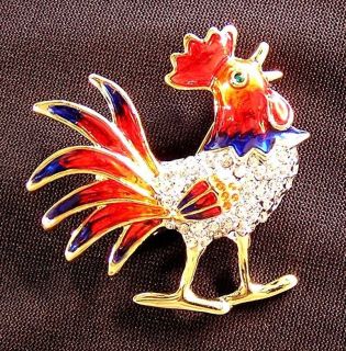 Clear Crystal Rhinestone Colorful Hand Paint Enamel Cock Rooster Bird