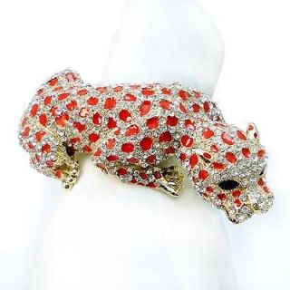 Huge Animal Leopard Bracelet Bangle Rhinestone Crystal Red Enamel